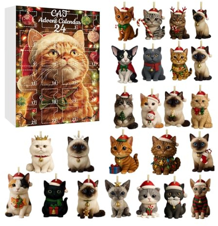 Weihnachts Countdown Kalender,24 Tägiges Katzen Motiv 2D Flach Spielzeug | Advents Schlüsselanhänger Countdown Kalender | Für Klassenraum Büros Schreibtisch Wand Baum Kinder Erwachsene Frauen