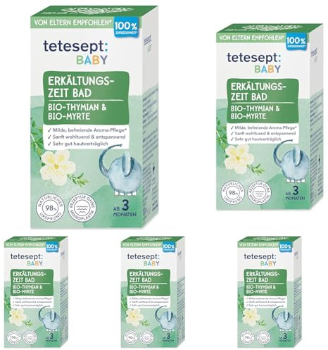 tetesept Baby Erkältungszeit Bad - 100 ml - Badezusatz mit Bio-Thymian und Bio-Myrte für einen befreienden Duft-Effekt – Wohltuende, milde Aroma Pflege für Babys ab 3 Monaten (Packung mit 5)