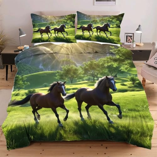 Fotmung Housse de Couette 240x260 cm Animal Cheval, Ensemble de Linge de Lit 3 Pièces, Résistant à l'usure et avec Sangles aux 4 Coins pour Fixer la Couette, Évite Le Glissement W128