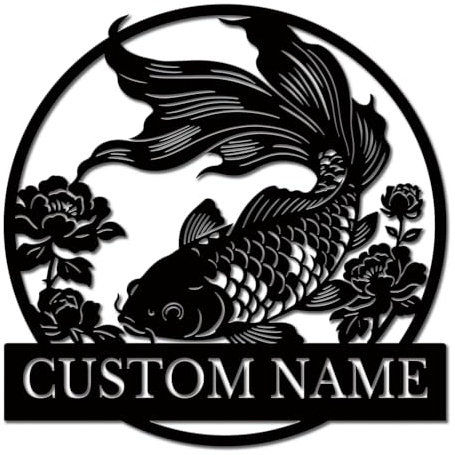 Custom Koi Fish Metal Wall Decoration - Personalized Family Last Name Sign - Koi Fish Wall Art - Indoor & Outdoor Garden, Water Pond Decor - Modern Minimalist Design (Koi-4)