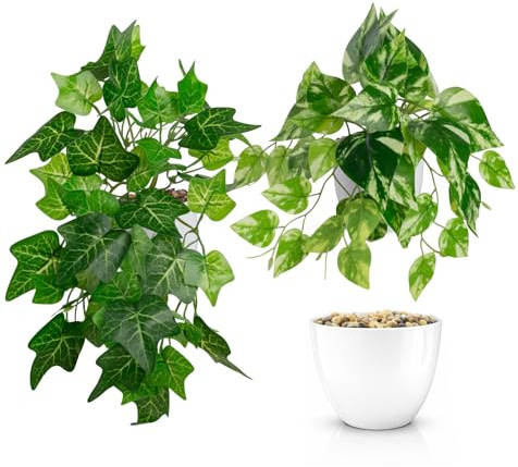 PASCH® Set de 2 plantas colgantes artificiales: Hiedra artificial | Plantas artificiales como reales | Plantas artificiales colgantes | Planta artificial colgante en maceta | Planta colgante