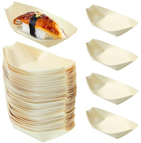 WRITWAA 100 Wooden Bamboo Boats for Appetizers & Finger Foods, 14x8cm - Disposable Bowls for Canape, Sushi, Snacks - Eco-Friendly & Biodegradable for Weddings, Birthdays, Parties