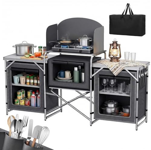 Sekey Campingküche Faltbar, Campingschrank mit Arbeitsplatte und Staufächern, Outdoor Küchenschrank mit Aluminiumgestell, Ink. Tragetasche, Mobile Schränke für Outdoorküche, Vorzelt, Wohnwagen