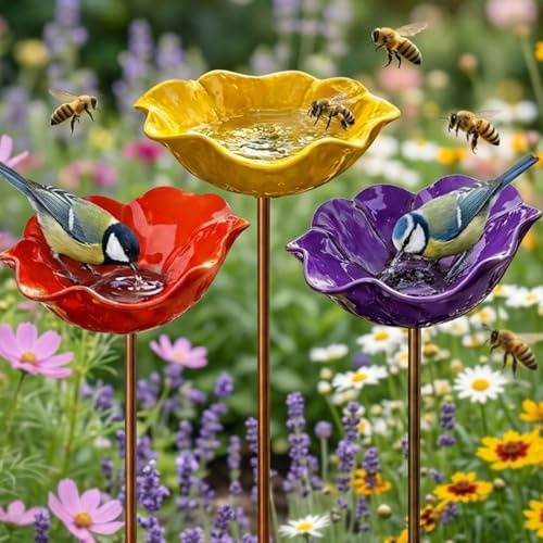 Bienentränke für den Garten,Insektentränke Gartenstecker aus Metall | Vogeltränke Blume,Gartendekoration für Rasen, Balkon & Terrasse (Rot, lila, gelb)