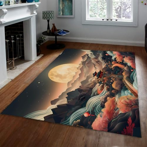 MOKOSAISE Tvättbara mattor för området 200 x 280 cm, matta för vardagsrum, kontor, studie, orientalisk mystik, fullmåne, tryckta tunna mattor, berg, traditionell asiatisk landskapsmatta