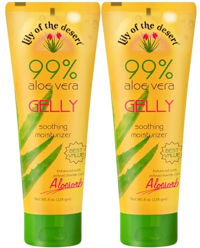 Lily Of The Desert Gelly Moisturizer - 99% Organic Aloe Vera Gel for Skin, After Sun Care with Aloe, Vitamin E Oil, and Vitamin C for Sunburn Relief, 8 Fl Oz (Pack of 2)
