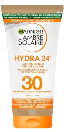 GARNIER Ambre Solaire Hydra 24H - Lait Solaire FPS 30 - Protège des UVA & UVB - Anti-Dessèchement - Hydratation 24h - Absorption Rapide - Tous Types de Peaux - Format Voyage 50 ml