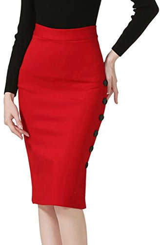 TEERFU Jupe Crayon Moulante Extensible Taille Haute Longueur au Genou pour Femme - Rouge - 46 = 34.6W