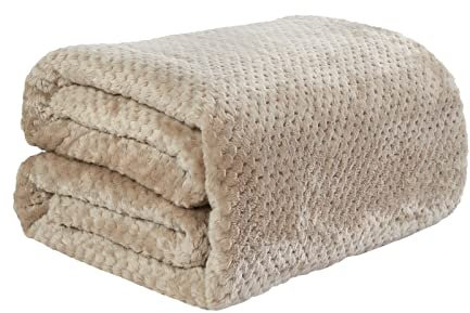 Dreamscene Beige Throw for Sofa, Soft Cosy Warm Honeycomb Waffle Mink Faux Fur Fleece Throw Blanket for Bed Double Bed Throws Lightweight Fluffy Fleece Blanket, 150 x 200cm