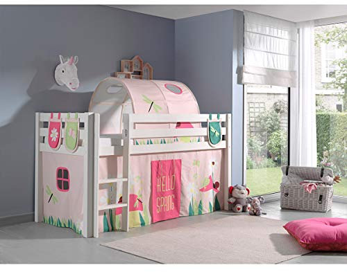 Spielbett Pino mit Textilset Vorhang, Tunnel und 3 TaschenSpring, Kiefer Massiv weiß Lackiert