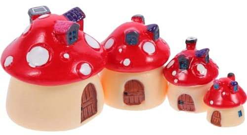 VOSAREA Mini Pilzhaus, 4 Stück Miniatur Pilze Feengarten Zubehör, Pilzhaus Deko Ornamente Pilze Mikro Landschaft Mini Pilze Deko für Puppen Pflanze Tortenfigur, Rot