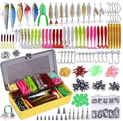 PLUSINNO Angelköder, Köder, Angelzubehör, einschließlich Kurbelköder, Spinnköder, Kunststoffwürmer, Jigs, Tackle Box und mehr Angelausrüstungs-Set, 102/302 Stück Angelköder-Angelköder-Ausrüstung