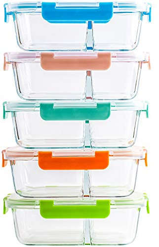 C CREST 5-er Set Glas Frischhaltedosen, 2 Fächer, Meal Prep Boxen mit Deckel, Glasbehälter, BPA-frei, perfekt für Meal prep