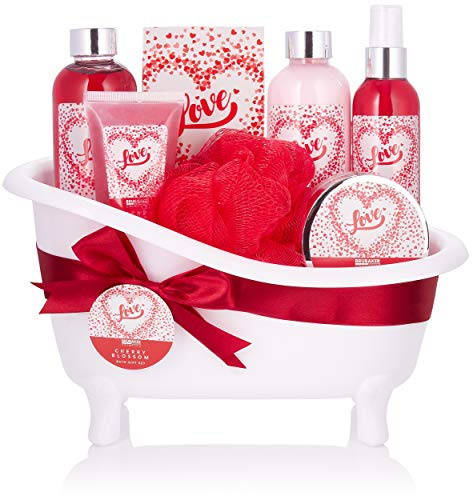 BRUBAKER Cosmetics - Coffret de bain - Fleur de cerisier/Love - 8 Pièces - Baignoire décorative - Blanc/Rouge - Idée cadeau