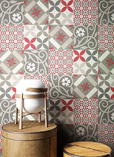 NEWROOM Papier peint Rouge Carreler Intissé - Oriental Gris Blanc Mosaïque Carreaux Graphique