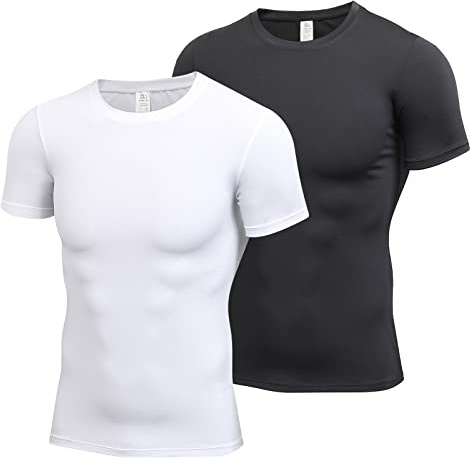 HomyComy T-Shirt Compression Homme Maillot Running Manches Courtes Couche de Base Athlétique T-Shirt de Course à Pied Sports Gym Noir/Blanc XL