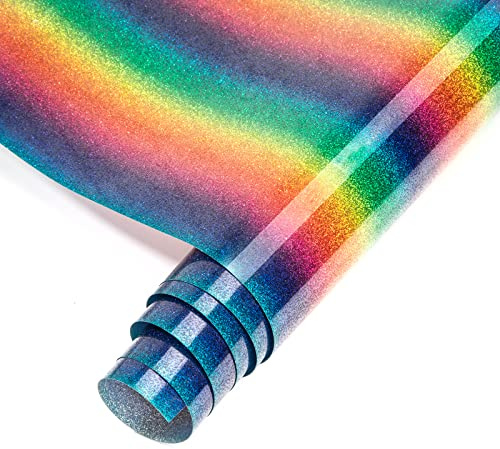 Plotterfolie Textil, Regenbogen Glitzer Streifen Flexfolie Wärmeübertragung Vinyl 150 x 25cm Film Textile Kompatibel für Cricut Cameo für DIY Bügels T-Shirt Stoffe