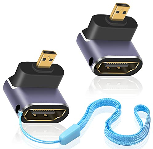 Duttek 8K 90 Degree HDMI to Micro HDMI Adapter, UP Angle Micro HDMI Stecker zu HDMI Buchse Adapter, UHD Micro HDMI Extender Adapter mit LED Licht und perforiertem Design für Kameras Camcorder (2 Pack)