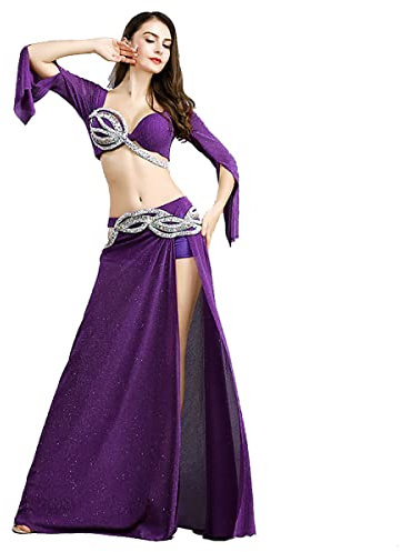 AGAATI Damen Bauchtanz Chiffon Banadge Crop Top BH und Gürtel Chiffon Bauchtanz Rock Schlitz Karneval Halloween Outfit Party Festival Kostüm Set für Frauen und Mädchen (lila L)