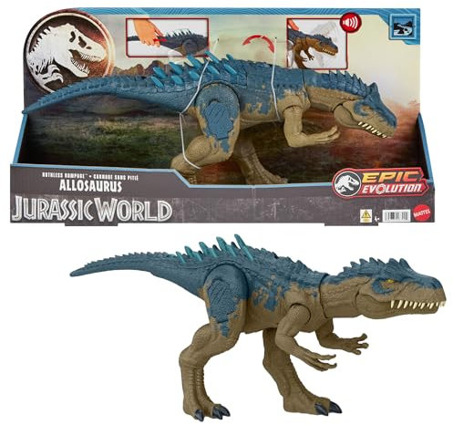 Mattel Jurassic World Ruthless Rampage Allosaurus Dinosaurier-Spielzeug, Actionfigur mit kontinuierlichen Beißangriffen, Brüllgeräuschen und per Knopf aktivierten, hochentwickelten Kampfstacheln HRX51