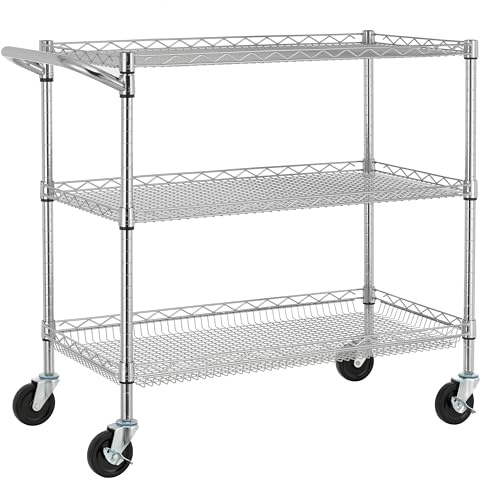 Finnhomy 3 Tier Heavy Duty Commercial Grade Utility Cart, Wire Rolling Cart with Pushing Handle Bar, Steel Metal Kitchen Service Trolly with Wheels, Shelf Size 18 D x 36 W, NSF, Chrome