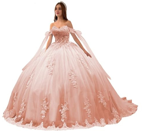 Beyonddress Off Shoulder aftonklänningar prinsessa Quinceanera klänningar spets applikationer balklänning söta 16 klänningar, Blush, 40