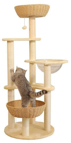 Kratzbaum, 141 cm großer Katzenturm mit 9 Kratzbäumen, 3 Sitzstangen, Korb, Pompons, mehrstufige Plüsch-Katzenwohnung für Hauskatzen