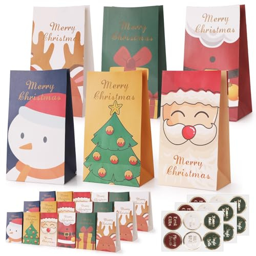 Secpeak 18 Stück Geschenktaschen Weihnachten, DIY Adventskalender Papierstau Tüten Butterbrottüten Süßigkeiten Plätzchen Mitgebseltüten Partyzubehör con 18 Aufkleber, 27 * 15 * 9.7cm