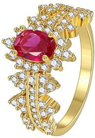 Whoiy Verlobungsringe für Sie Größe 49 (15.6) für Frauen, Damen Vorsteckring Gelbgold 585 Elegant mit 0.8ct Laborgezüchteter Rubin