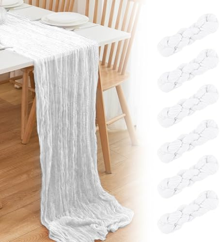 Käsetuch Tischläufer Boho Musselin Seihtuch 90 x 300 cm für Hochzeit Party Wiederverwendbar Lange Tischabdeckung für Baby Brautdusche Deko Transluzentes Gaze Mittelstück (Weiß, 6pcs)