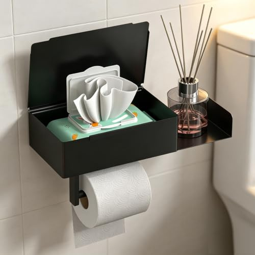 HISAMGO Black Toilet Roll Holder with Shelf/Storage Box Self-Adhesive | Toilet Paper Holder with Storage Box Self-Adhesive Toilet Wipes Dispenser Wall Mounted for Bathroom Washroom Toilet Kitchen