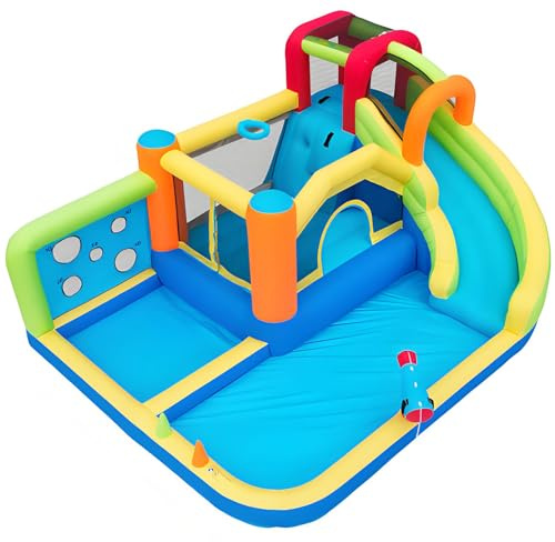 GYQSSD Castillo Hinchable Infantil con Inflador - Parque Acuático Multifuncional Al Aire Libre + Trampolín, Tobogán, Pared De Lanzamiento, Canasta De Baloncesto, Rocódromo. Incluye Inflador 450w
