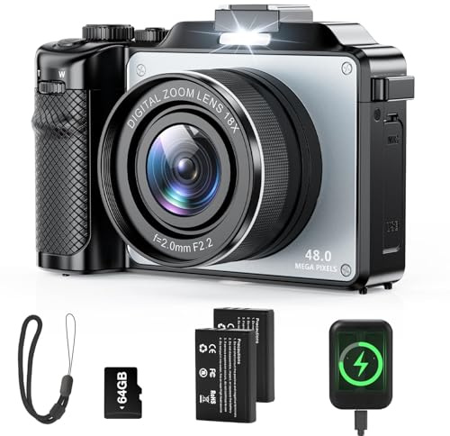 UCMDA 4K Digital Camera for Photography and Video Auto-Focus, 56MP Anti-Shake Vlogging Camera with 18X Digital Zoom, Flash, Compact Travel Camera with 64GB TF Card, 2 Batteries and Battery Charger