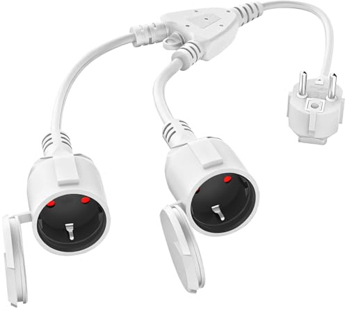 Doppelstecker für Steckdose, 16A/250V/Max Verlängerungskabel mit 2 Schuko Steckdosen, IP44 Wasserdicht Mehrfachsteckdosenadapter für Zuhause Büro und Außenbereich, 1.5 mm² (Weiß)