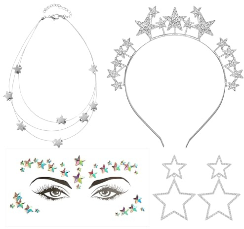 Axvxby Stern Kostüm Damen Set mit Silber Glitzer Haarreif Stern Halskette Gesichtstattoo für Fasching Halloween Mottoparty Sternen Cosplay Karneval Kostüme Accessoires