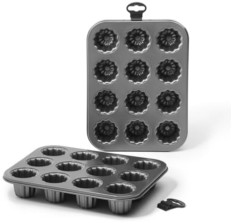 ROSSETTO Moule à Cannelés 12 Cavités set de 2 en Acier Carbone – Moule à Gâteau Antiadhésif pour Four, Moule à Pâtisserie Résistant, Gris