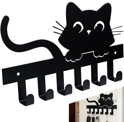 Mythlon Schlüsselbrett Schwarz Metall mit Katzen Motiv (20cm) - Schlüsselhalter Wand 6 Haken - Kleines Schlüsselboard für Flur, Küche & Eingang - Süße Wanddeko, Schlüsselhaken & Hakenleiste (1 Katze)