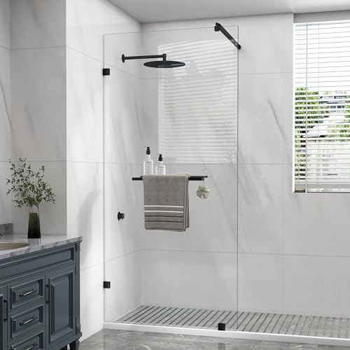 KPUY Shower Glass Panel, 36'' x 76''H Frameless Fixed Glass Shower Screen, 1/4 (6mm) Thick Tempered Clear Glass with Explosion-Proof Film Nano Coating, Matte Black