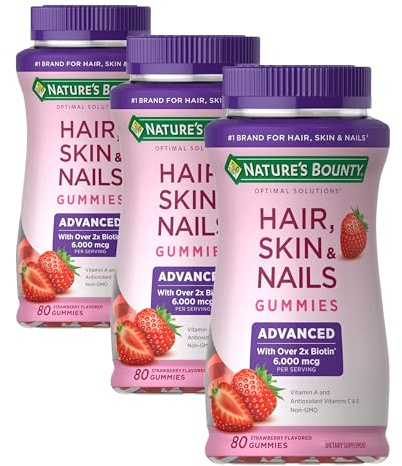 Nature's Bounty Optimal Solutions Advanced Hair, Skin, Nails, 2X Biotin, 80 Strawberry Gummies, 40 Total Servings (Pack of 3)