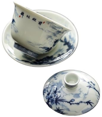 150ML Azul Antiguo Y Porcelana Blanca Gaiwan Retro Tinta Flor Pájaro Té Sopera Hacer Cubierta Tazón Servicios De Manualidad For Regalo La Elegancia Es Atemporal