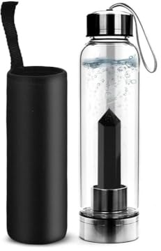 VLNET ®| Bottiglia per l'acqua con CristallI NaturalI | Borraccia in vetro con cristallo rimovibile | litoterapia - idroterapia | 500 ml | con custodia nera portaborraccia (Ossidiana nera)