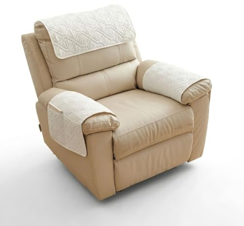 Sesselschoner mit Taschen,für Relaxsessel mit Armlehnen, 57x38 cm Rutschfeste Armlehnenbezüge Sofa, wasserabweisender Sesselüberwurf für Fernsehsessel inkl. Kopfstützenschutz (Cremeweiß, 1 Sitzer)