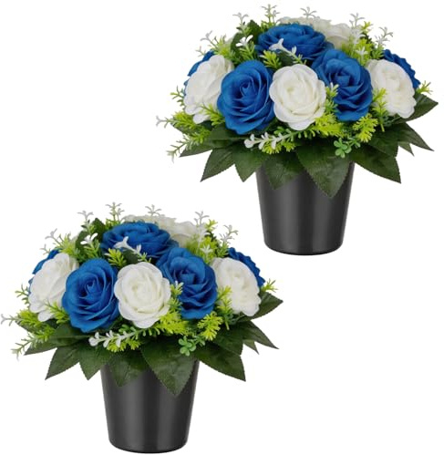 M.J COMFY-LIFE Artificial Grave Flowers Pots, 2 Pack Purple Lilac Roses Silk Cemetery Flowers with Pot Holders, Outdoor Memorial Decorations, Fake Funeral Floral Arrangements (Royal Blue White)