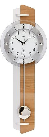 AMS 5271 Funk-Pendelwanduhr, modern, Kernbuche mit Aluminium-Applikationen, weißes Zifferblatt mit arabischen Zahlen, Mineralglas, silberfarbenes Pendel, für Wohnzimmer, Maße: 25 x 70 x 7 cm