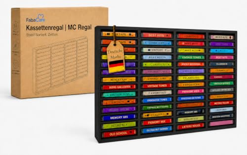 eCom Fabarius MC Regal für 60 Kassetten, Medienregal aus Holz Kiefer, fertig montiertes Kassettenregal für Musikkassetten, Hörspielkassetten & Tapes, Farbe Schwarz, 505 x 342 x 51 mm