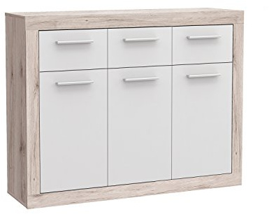 Forte BACCIO Kommode 120, Kommode mit 3 Türen und 3 Schubladen, Modernes Sideboard, Holzwerkstoff, Sandeiche Holzdekor / Weiß, 117,9 cm breit x 91,5 cm hoch x 34 cm tief