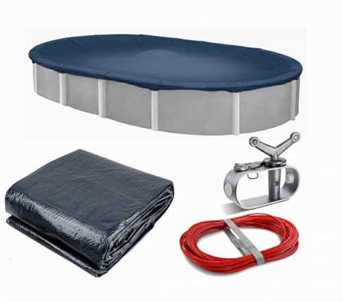 Winter Block WC1015OV Bâche d'hiver pour Piscine Hors Sol, Ovale de 3 x 4,5 m, Bleu uni – Comprend treuil et câble pour Une Installation Facile – Résistance et durabilité supérieures, traitée pour la