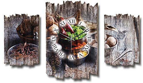 Kreative Feder Dreiteilige Designer-Wanduhr Gewürze Kräuter Shabby-Chic Landhaus-Stil leise Funkuhr ohne Ticken 95x60cm aus Holz (Gewürze, leises Funkuhrwerk)