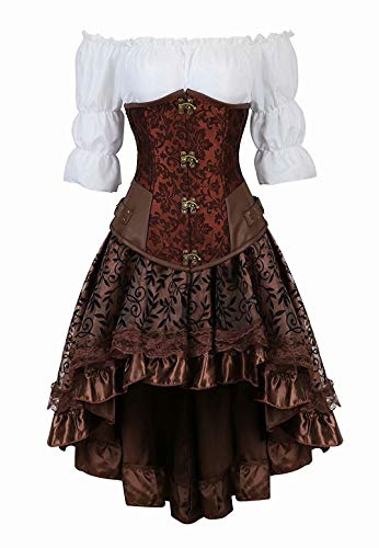 Underbust Corset Cuero gotico Mujer Bustier Sexy Pirata Chalecos Blusa Fiesta Halloween 3 Piezas Marrón S