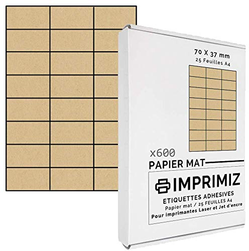 600 selbstklebende Etiketten aus natürlichem Kraftpapier, 70 x 37 mm, 24 Etiketten/Blatt, für Laser- und Tintenstrahldrucker, 25 Blatt A4